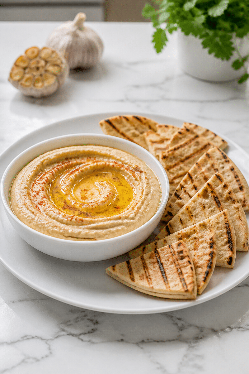 roasted garlic hummus with grilled pita 1