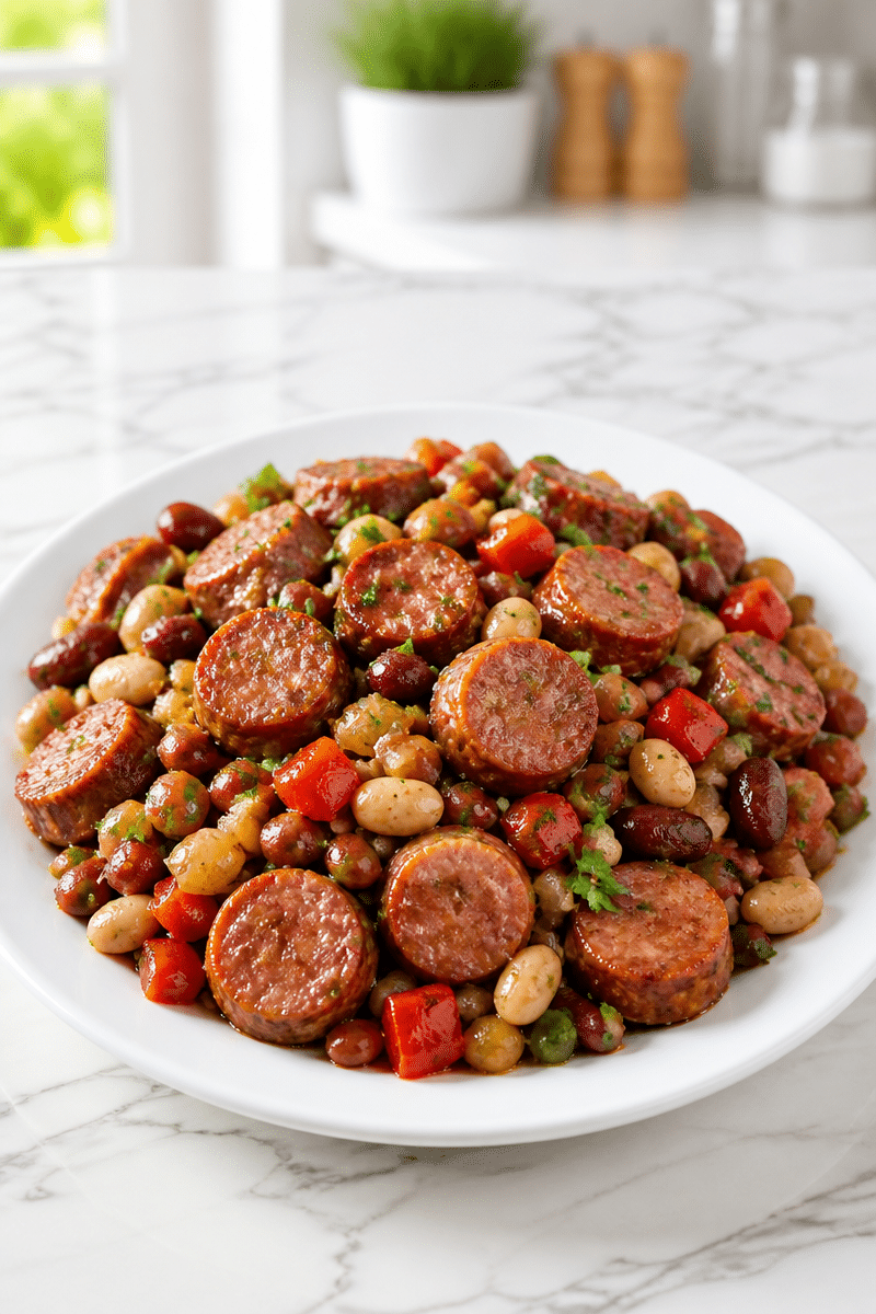 smoked turkey sausage and bean skillet 1