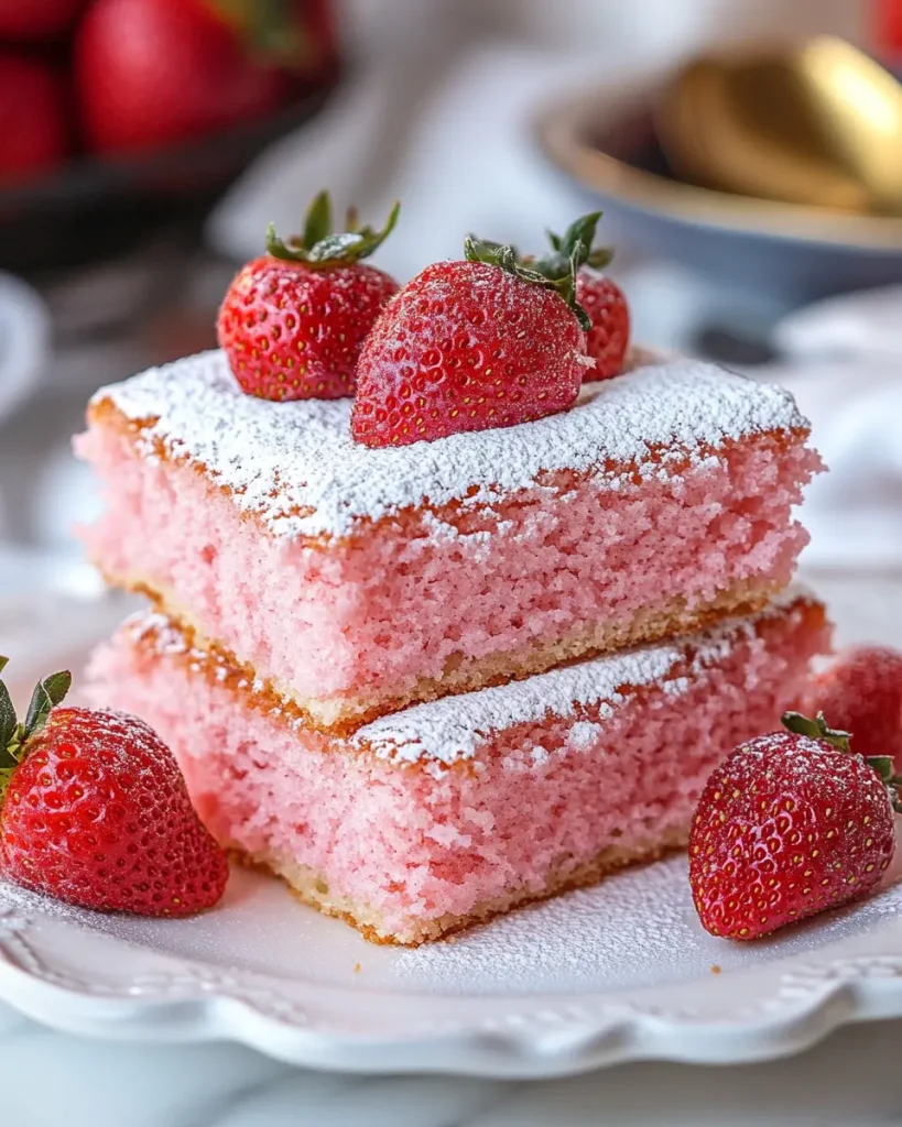 Moist 3 ingredient strawberry cake topped with fresh strawberries and powdered sugar
