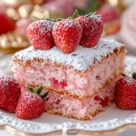 Delicious 3 Ingredient Strawberry Cake topped with fresh strawberries.