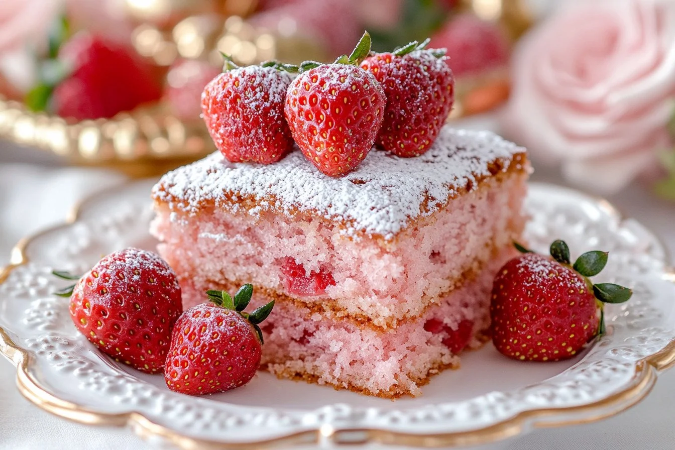 Delicious 3 Ingredient Strawberry Cake topped with fresh strawberries.