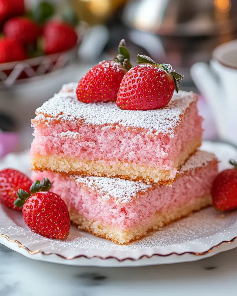 Soft pink strawberry cake slice on a white plate, made using cake mix and fresh strawberries