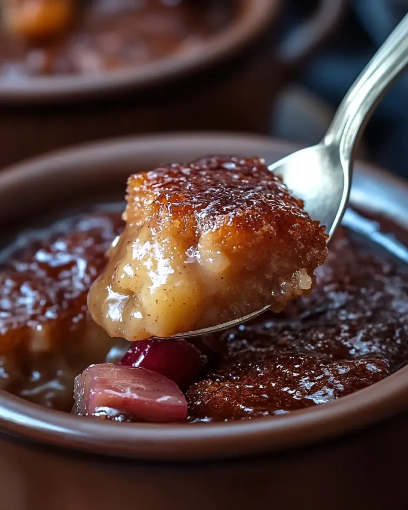 Freshly baked sticky rhubarb pudding served warm with a drizzle of custard