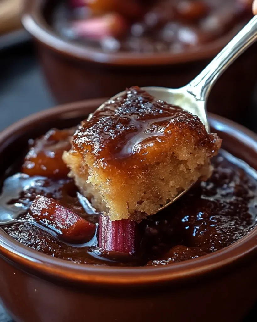 Golden-brown baked sticky rhubarb pudding in a rustic ceramic dish