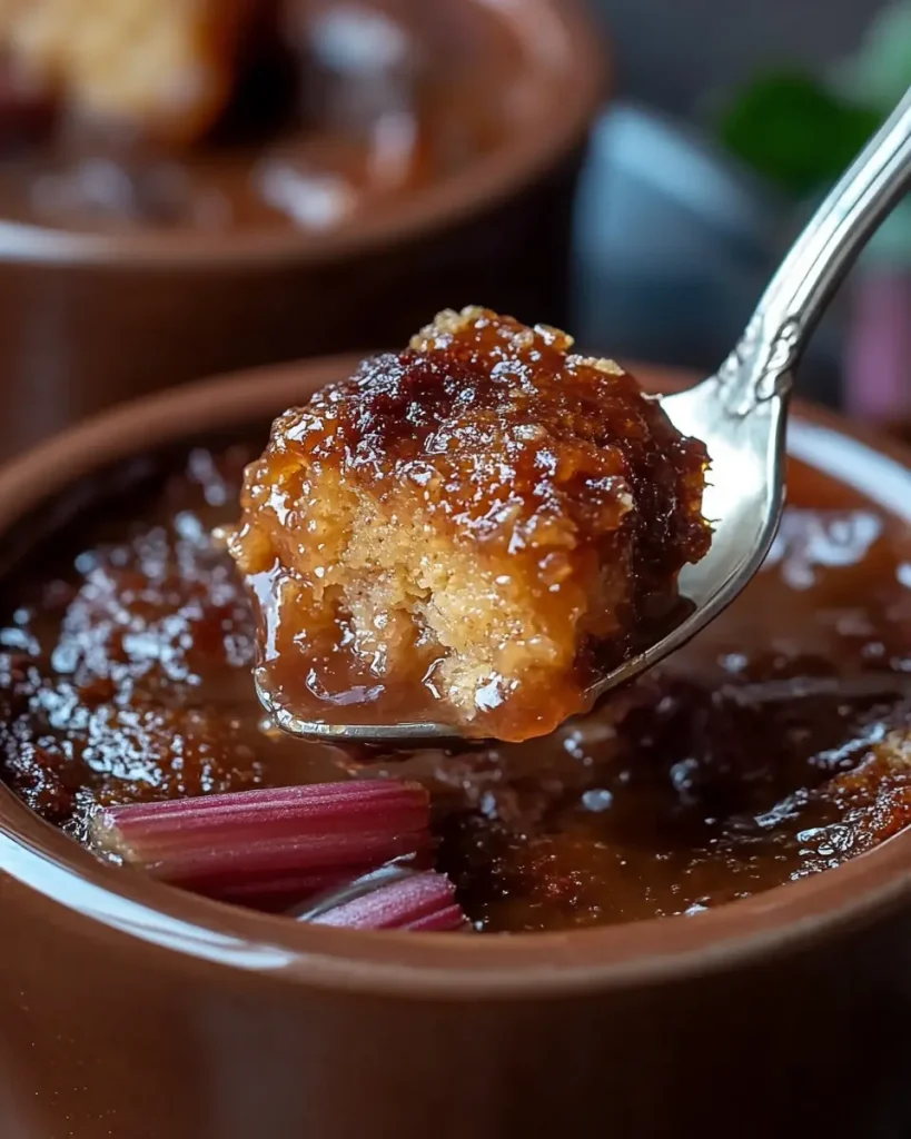 Moist sticky rhubarb pudding topped with caramelized rhubarb pieces