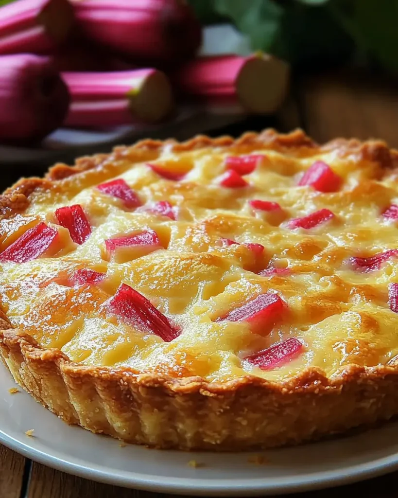 Close-up of crustless rhubarb custard pie, showing tender chunks of rhubarb baked into a smooth, eggy custard.