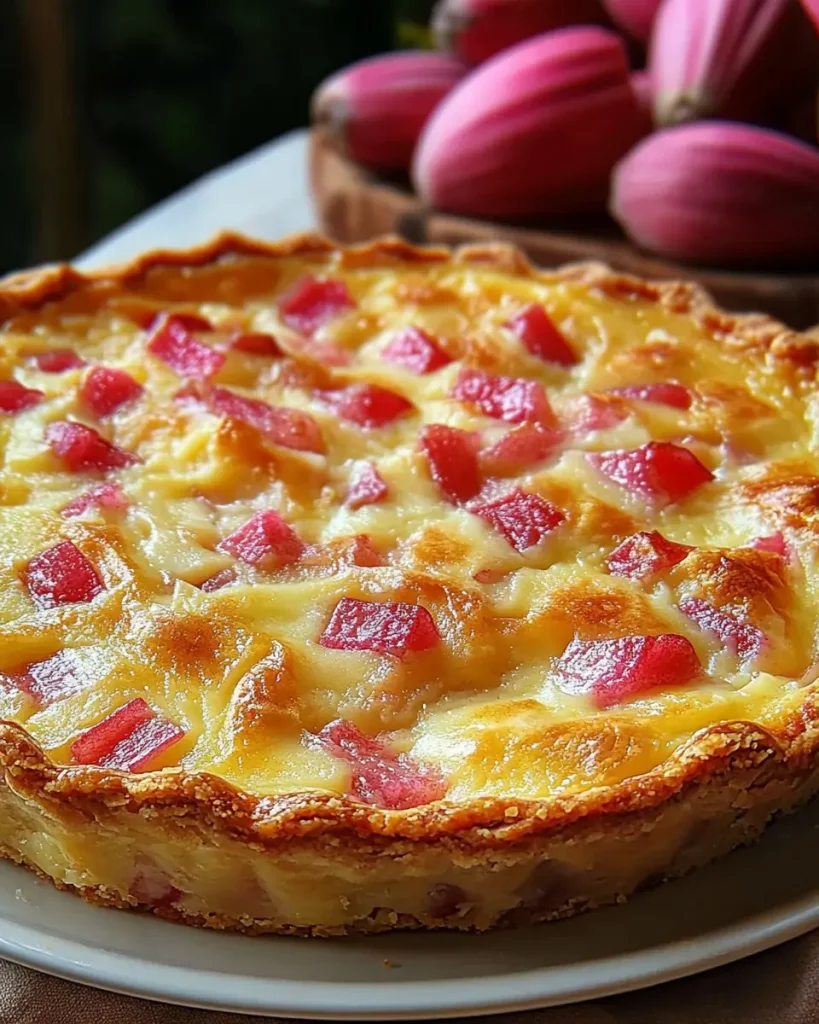 Overhead view of a whole crustless rhubarb custard pie in a glass dish, with visible baked-in rhubarb and a lightly browned top.
