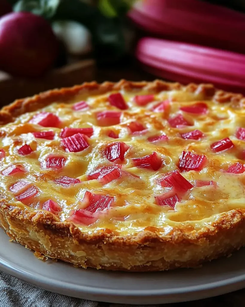Crustless rhubarb custard pie served with a dollop of whipped cream, highlighting the pie’s soft texture and vibrant rhubarb pieces.