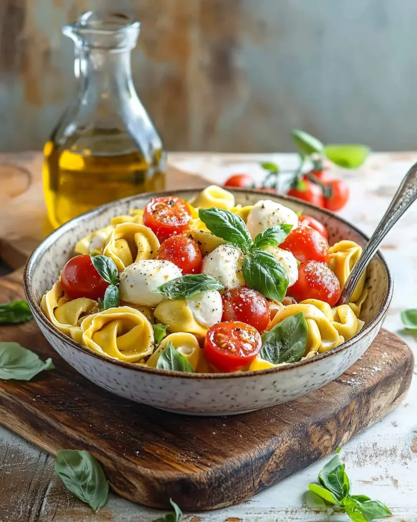 Colorful tortellini pasta salad with cherry tomatoes, black olives, mozzarella, and fresh basil served in a white bowl