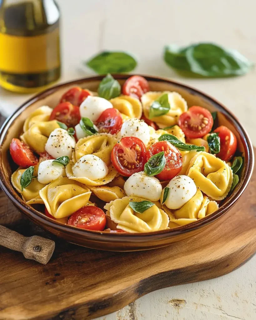 Cold Italian tortellini pasta salad tossed with vegetables, herbs, and vinaigrette on a rustic wooden table