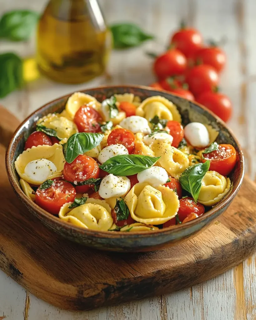 Close-up of creamy tortellini pasta salad with tri-color pasta, diced peppers, and parmesan cheese garnish