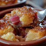 Delicious Baked Sticky Rhubarb Pudding served warm with vanilla ice cream