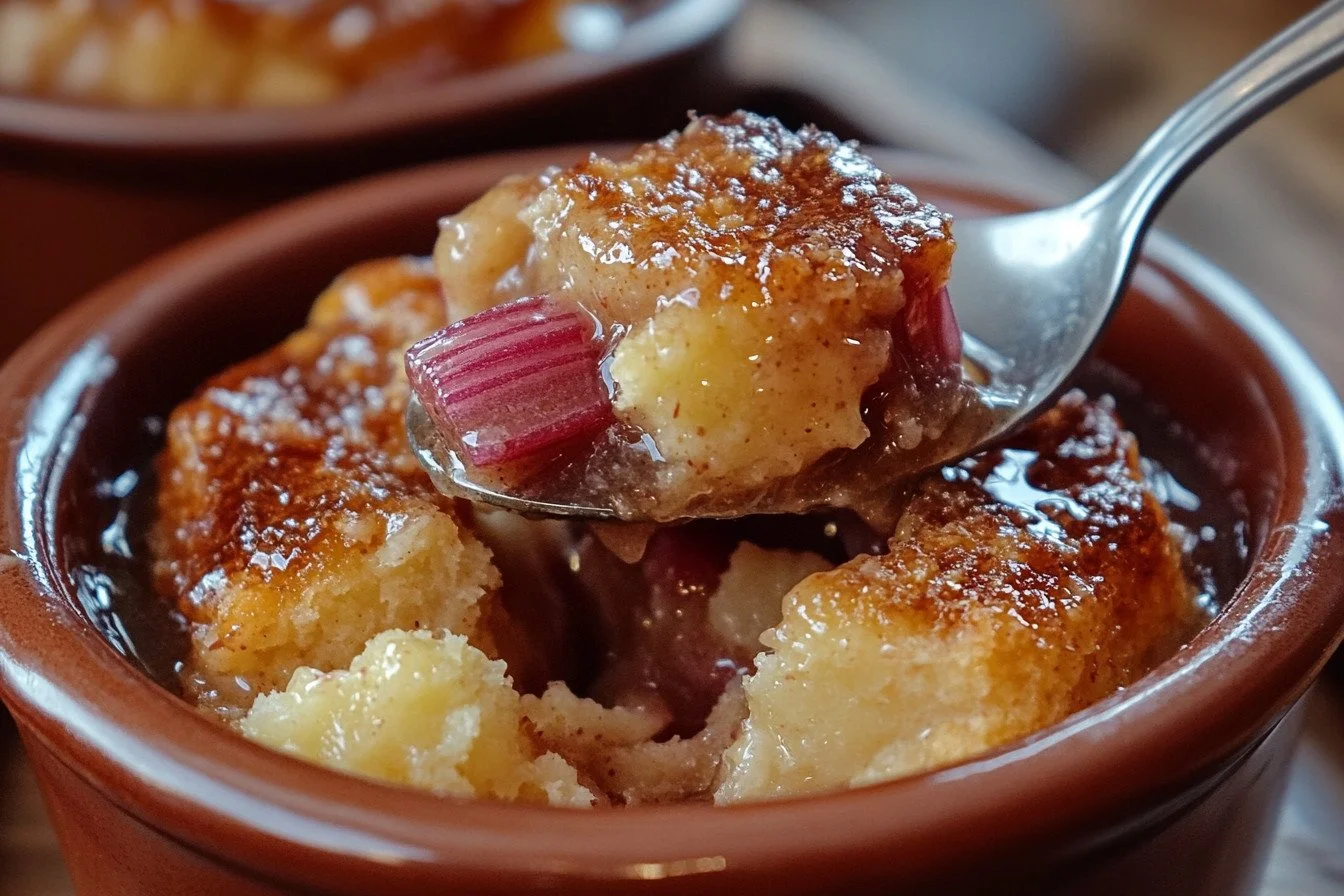 Delicious Baked Sticky Rhubarb Pudding served warm with vanilla ice cream