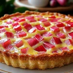 Delicious crustless rhubarb custard pie served on a white plate