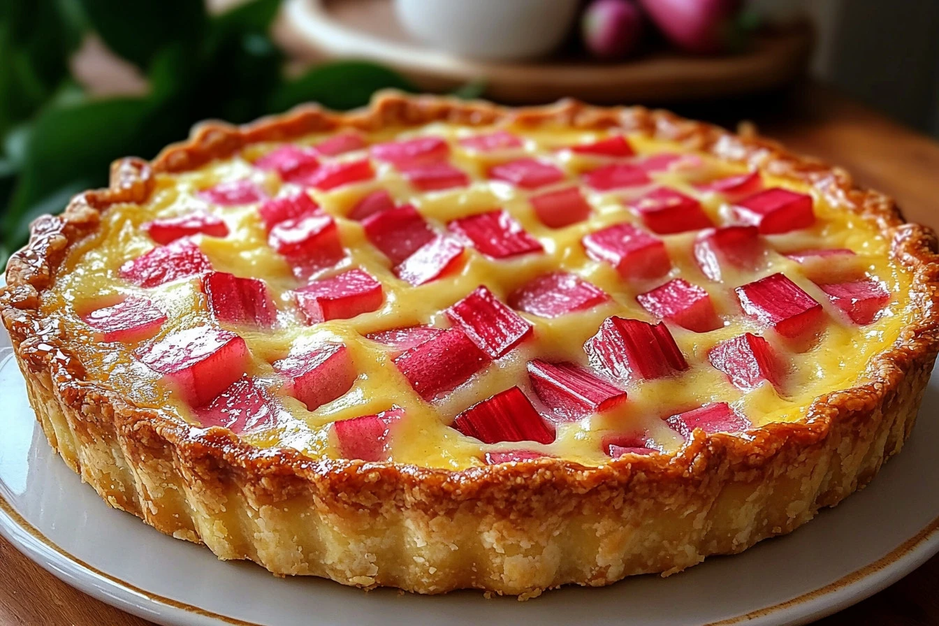 Delicious crustless rhubarb custard pie served on a white plate