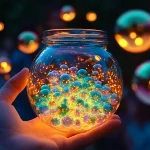 Colorful glow-in-the-dark bubbles floating in the dark night sky.