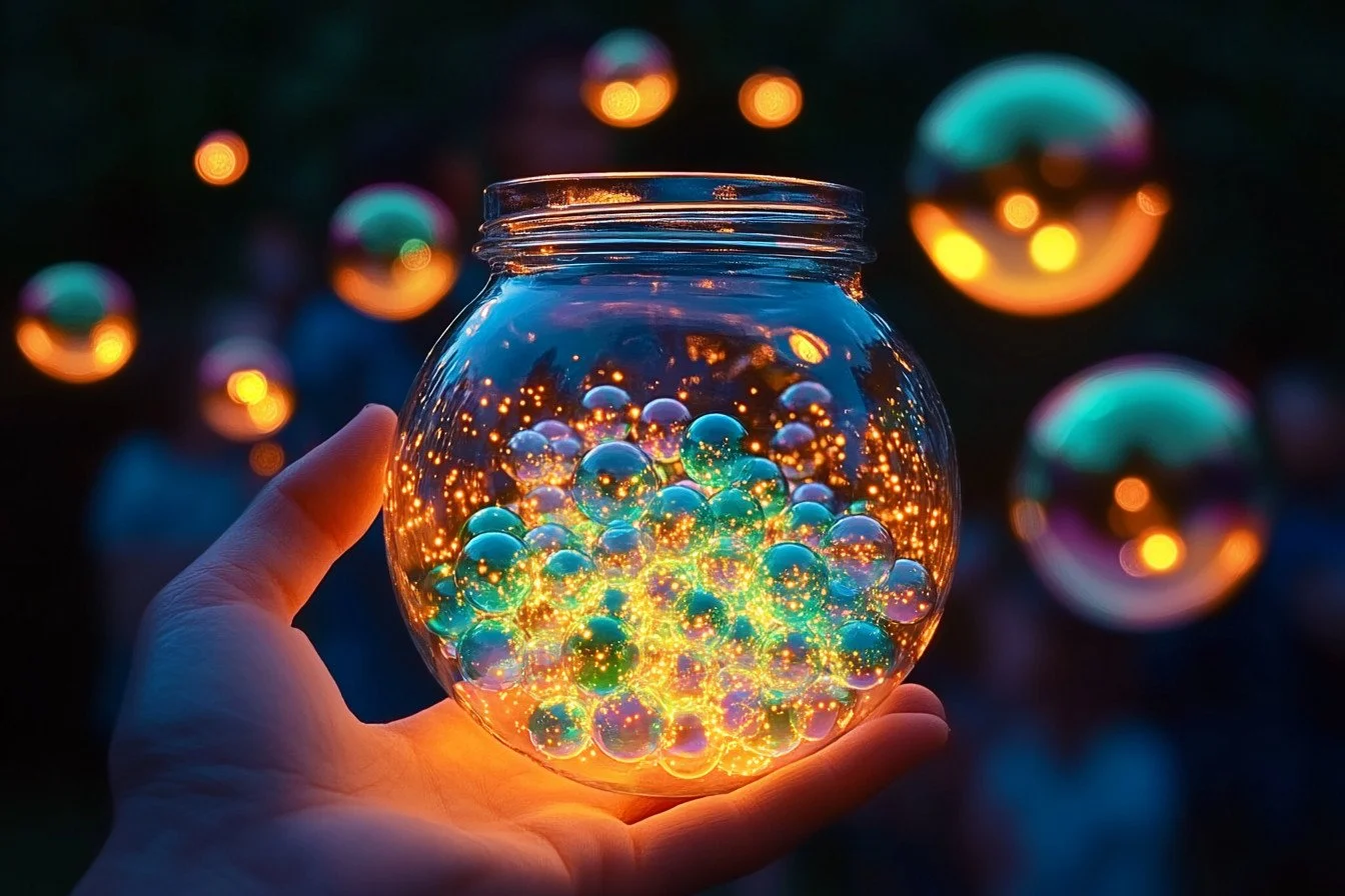 Colorful glow-in-the-dark bubbles floating in the dark night sky.