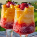 A layered Hawaiian Lava Flow cocktail with swirls of red strawberry puree and creamy coconut in a tall glass.