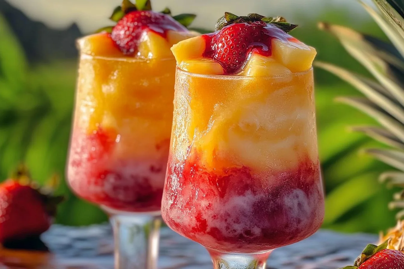 A layered Hawaiian Lava Flow cocktail with swirls of red strawberry puree and creamy coconut in a tall glass.