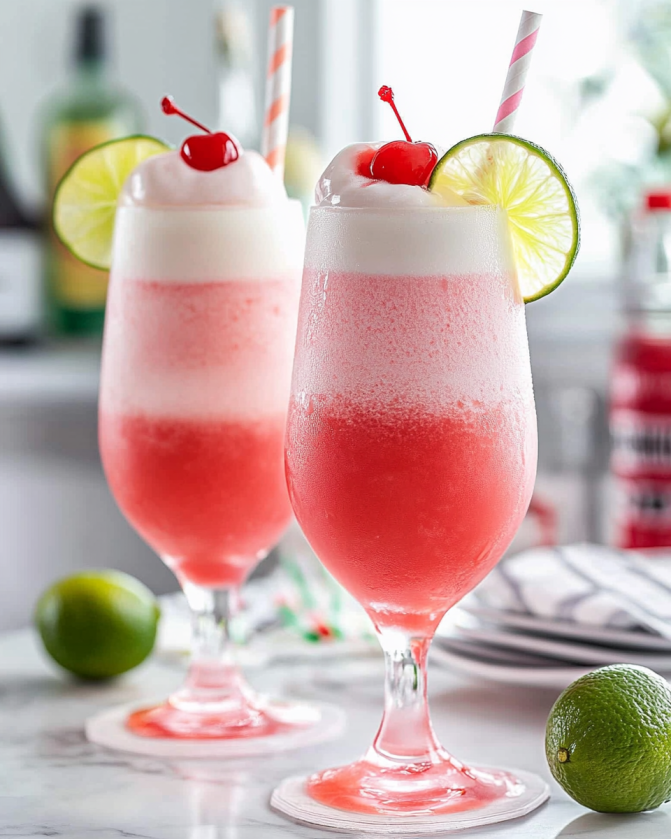 Summer dessert drink – Shirley Temple float served in a tall glass with a straw