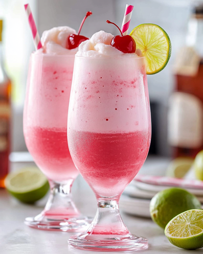 Colorful ice cream float made with grenadine, soda, and scoops of vanilla ice cream