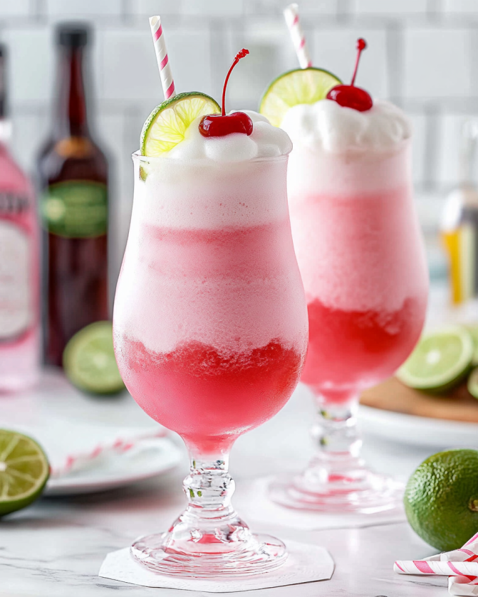 Colorful ice cream float made with grenadine, soda, and scoops of vanilla ice cream