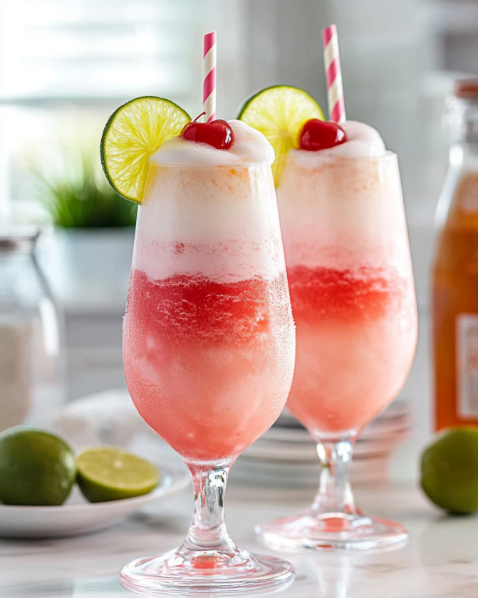 Summer dessert drink – Shirley Temple float served in a tall glass with a straw