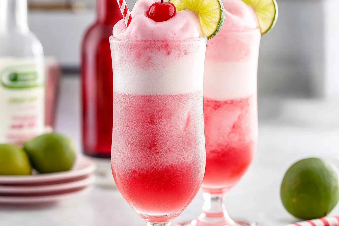Delicious Shirley Temple Ice Cream Float with cherry and sprinkles