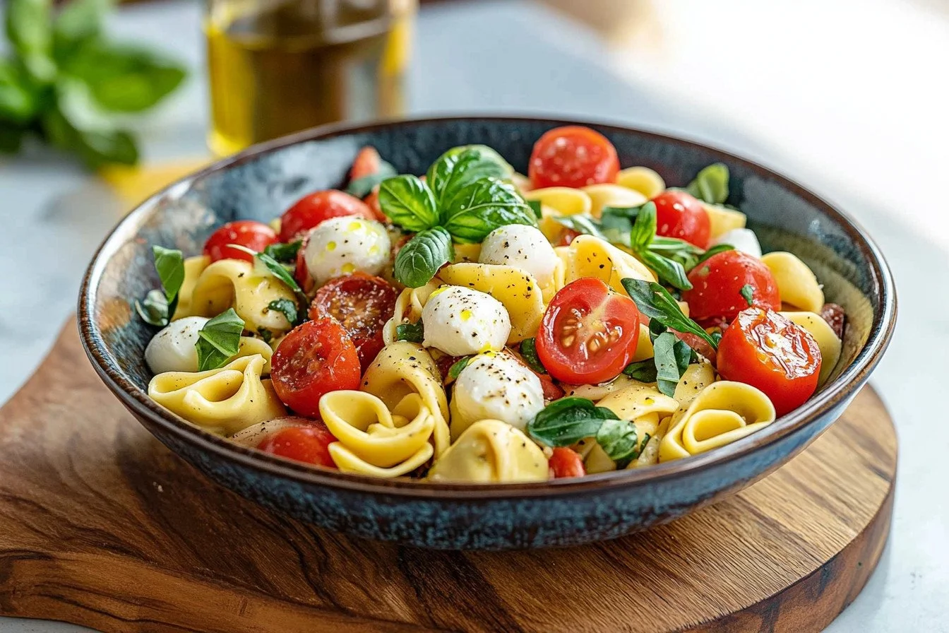 Delicious tortellini pasta salad with vibrant vegetables and dressing