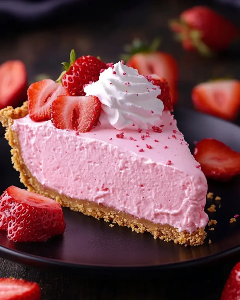 No-bake strawberry pie with Cool Whip in a graham cracker crust, garnished with strawberries.