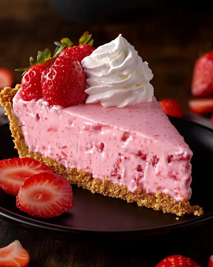 Chilled strawberry Cool Whip pie served with a dollop of whipped cream and fresh berries.