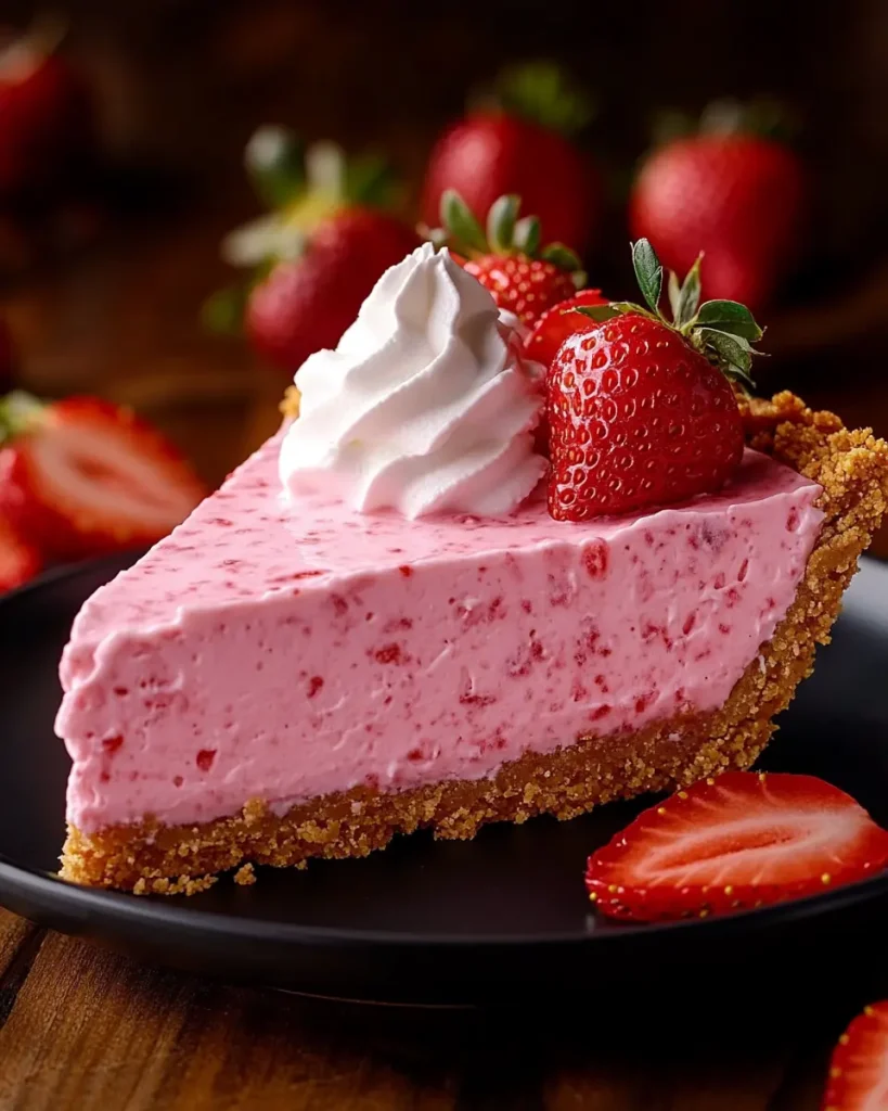 Slice of strawberry Cool Whip pie with a creamy pink filling and bright red strawberries.