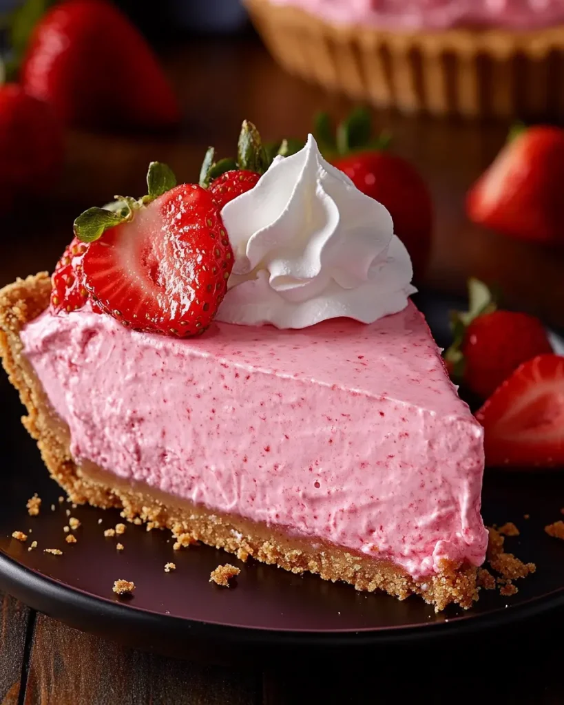 Homemade strawberry Cool Whip pie topped with whole strawberries and a mint garnish.
