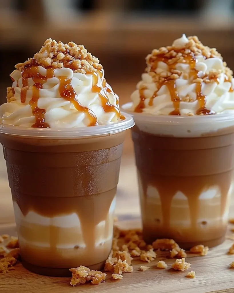 Iced caramel frappuccino in a tall glass with whipped cream and straw on a rustic table.