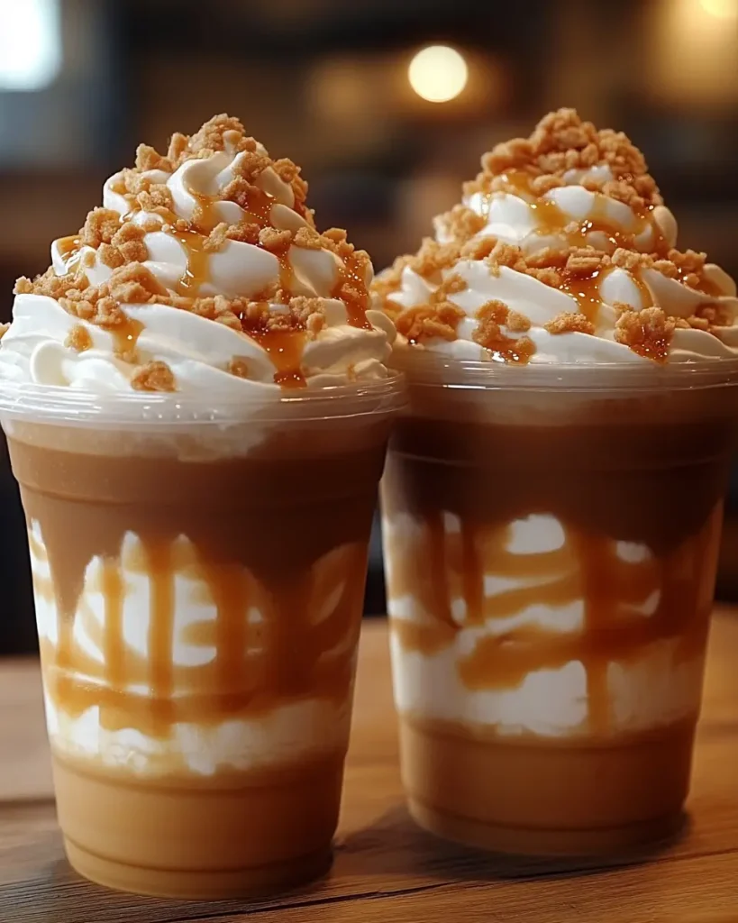 Caramel frappuccino with whipped topping and caramel drizzle in a clear glass.