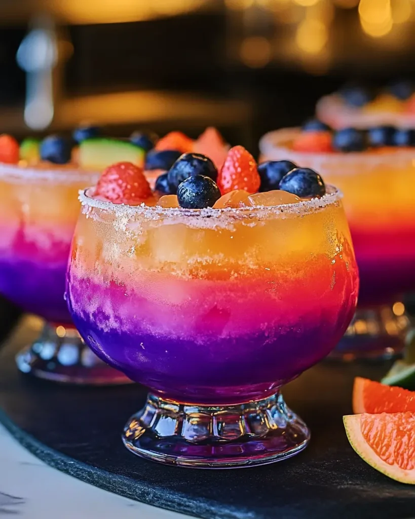 A chilled glass pitcher of Jamaican Me Crazy Party Punch surrounded by tropical fruits and palm leaves.