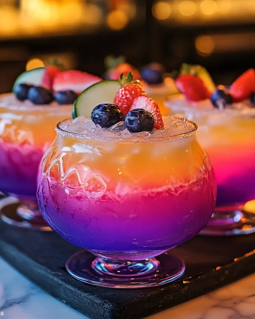 Bright red Jamaican Me Crazy Party Punch in festive party cups with fruit skewers and mini umbrellas.