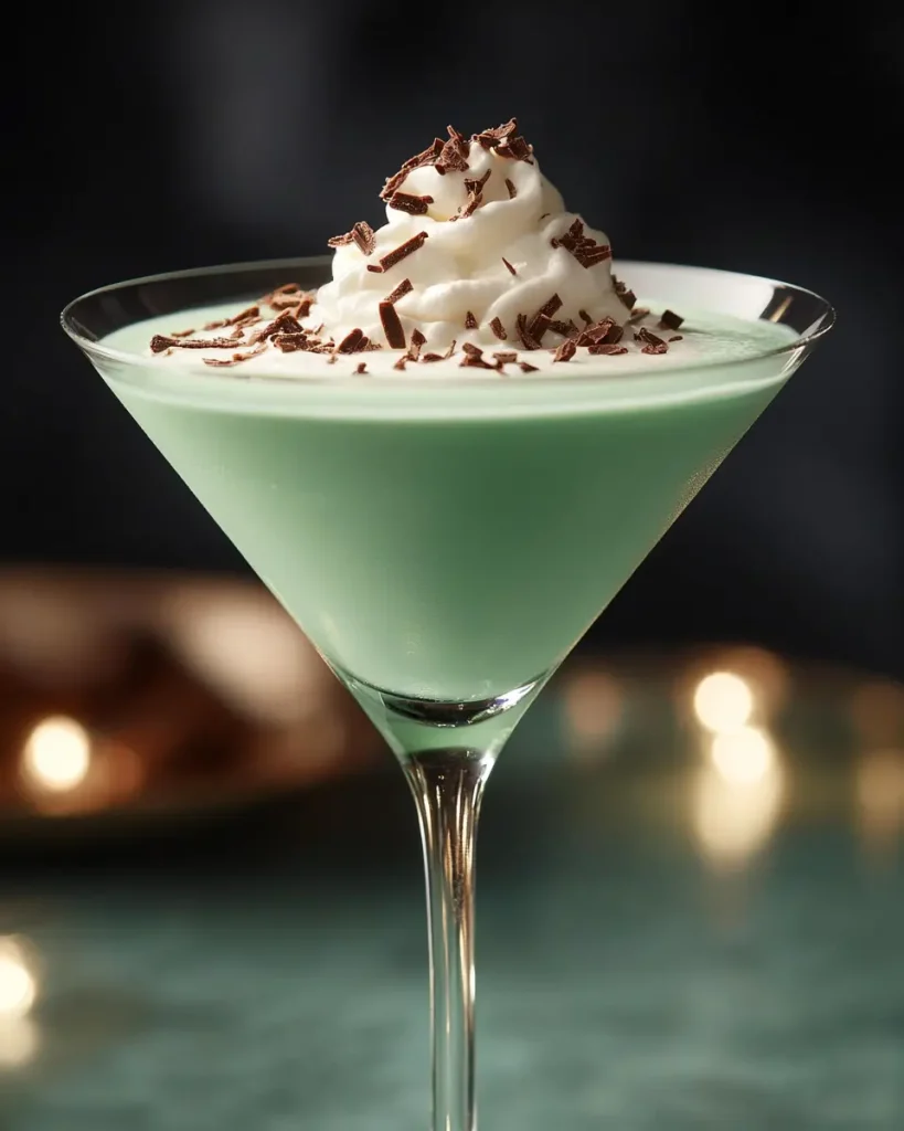 Icy mint chocolate chip espresso martini served in a chilled glass with a mint sprig garnish.