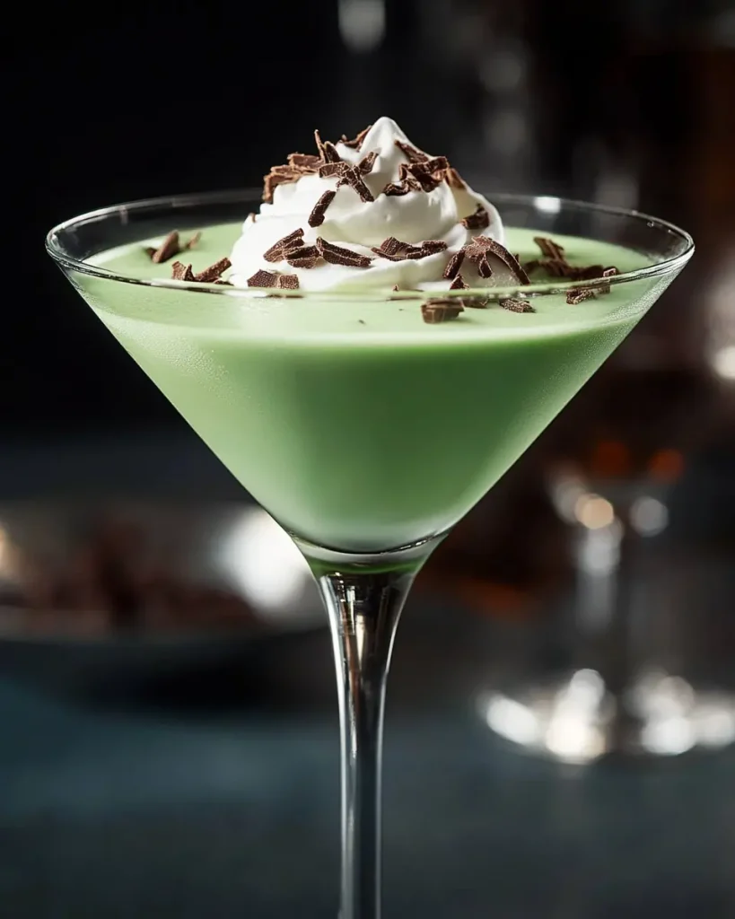 Close-up of a mint chocolate chip espresso martini with visible coffee crema and chocolate drizzle.