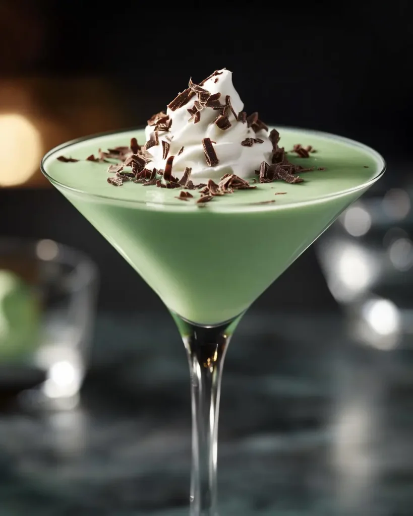 Mint chocolate chip espresso martini next to scattered coffee beans and chocolate chunks.