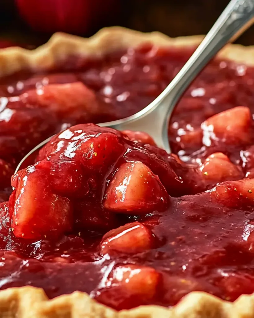 Glass bowl filled with vibrant strawberry rhubarb pie filling.