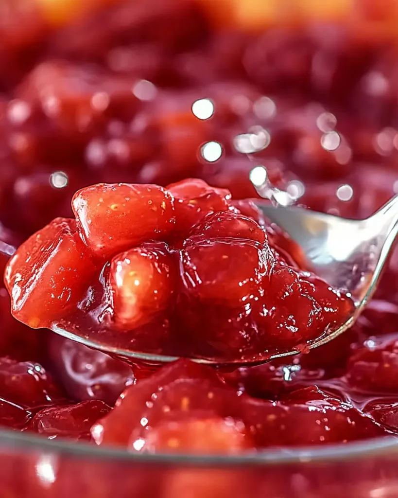 Spoon lifting strawberry rhubarb pie filling from a pot.