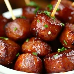 Plate of delicious Crockpot Kielbasa Bites served with dipping sauce
