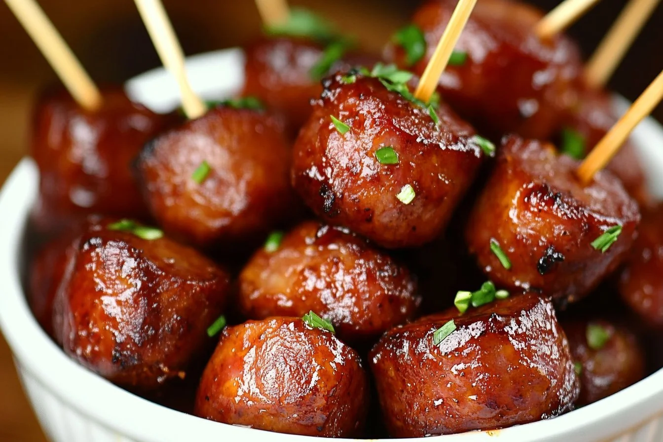 Plate of delicious Crockpot Kielbasa Bites served with dipping sauce