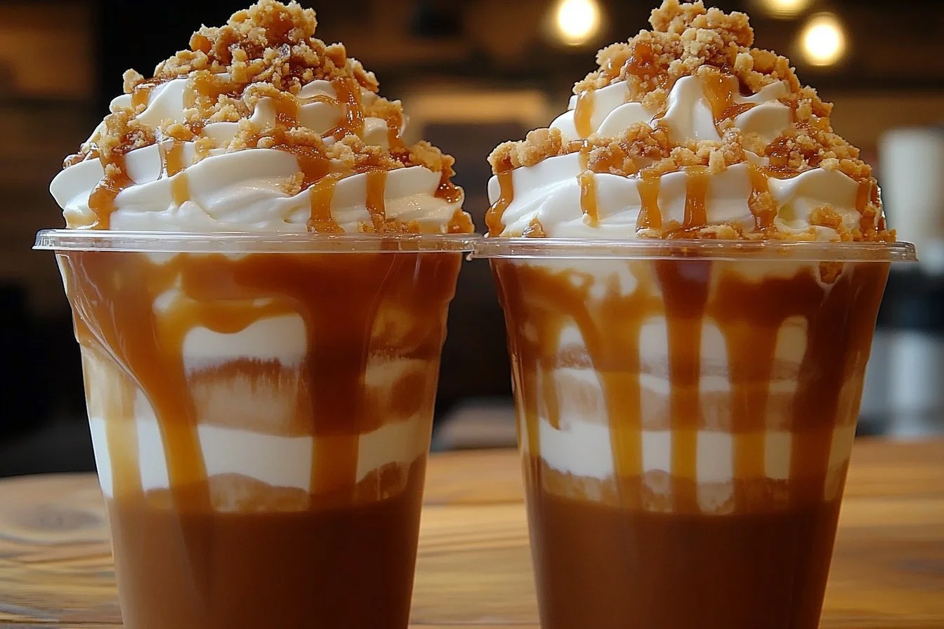 Homemade caramel frappuccino topped with whipped cream and caramel drizzle