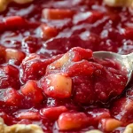 Homemade strawberry rhubarb pie filling in a pastry crust