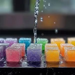 Colorful fizzing ice cubes in a science experiment demonstrating chemistry for kids.