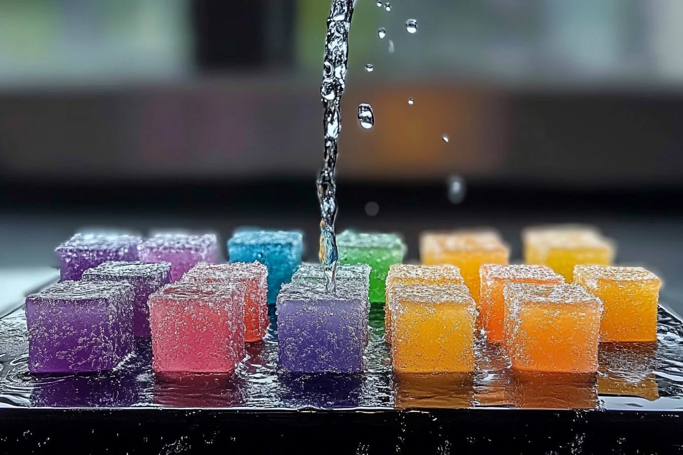 Colorful fizzing ice cubes in a science experiment demonstrating chemistry for kids.