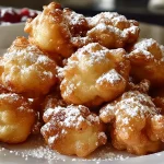 Golden brown funnel cake bites dusted with powdered sugar on a plate
