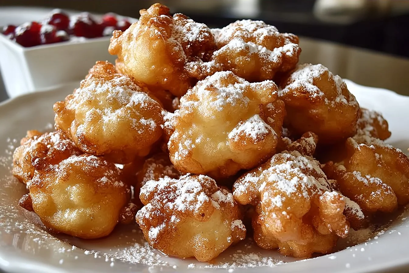 Golden brown funnel cake bites dusted with powdered sugar on a plate